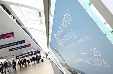 Große Werbefläche mit dem Schriftzug „WindEnergy Hamburg, the global on & offshore event, 22–25 September 2026“ in einem hellen Messegang, während im Hintergrund Personen entlang des Ganges gehen.
