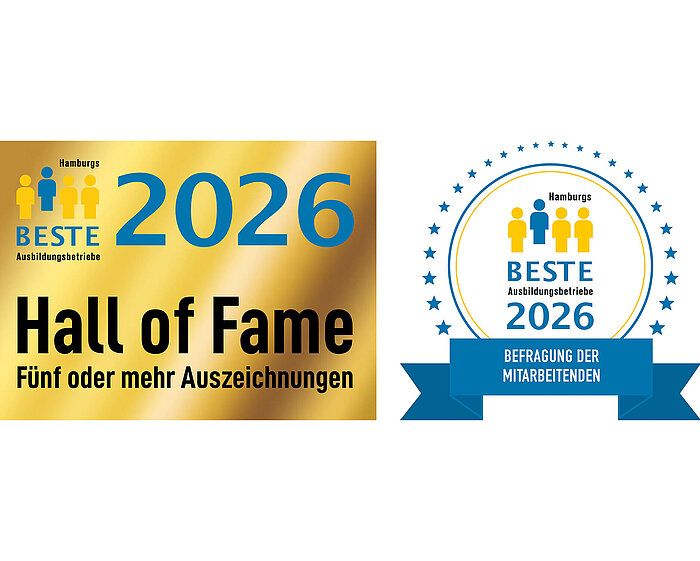 Siegel Hall of Fame und Hamburgs Beste Ausbildungsbetriebe 2026 Siegel Hall of Fame und Hamburgs Beste Ausbildungsbetriebe 2026